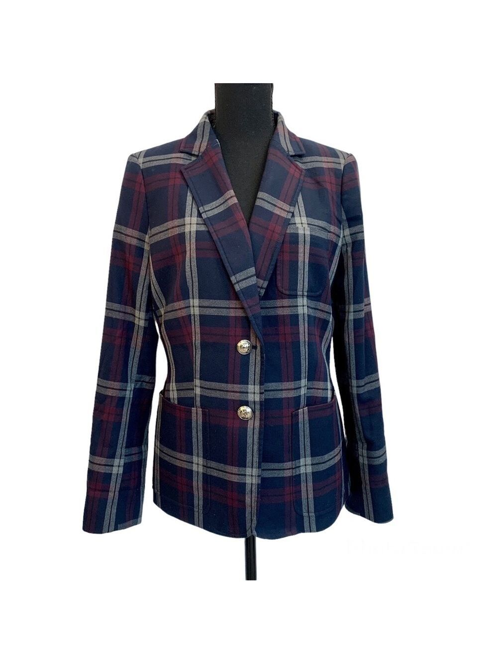 Tommy Hilfiger navy blue maroon burgundy plaid check tartan blazer Sz 10